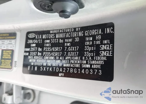 2011 Kia Sorento Lx V6 from USA, damaged, VIN 5XYKTDA27BG140373